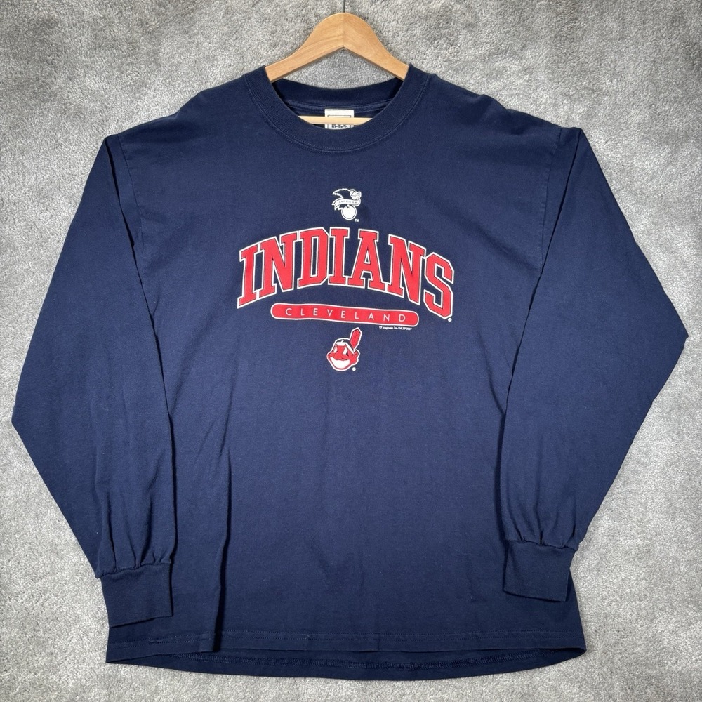 Vintage Cleveland Indians T Shirt Men XL Navy Blue Graphic Long Sleeve Lee Sport